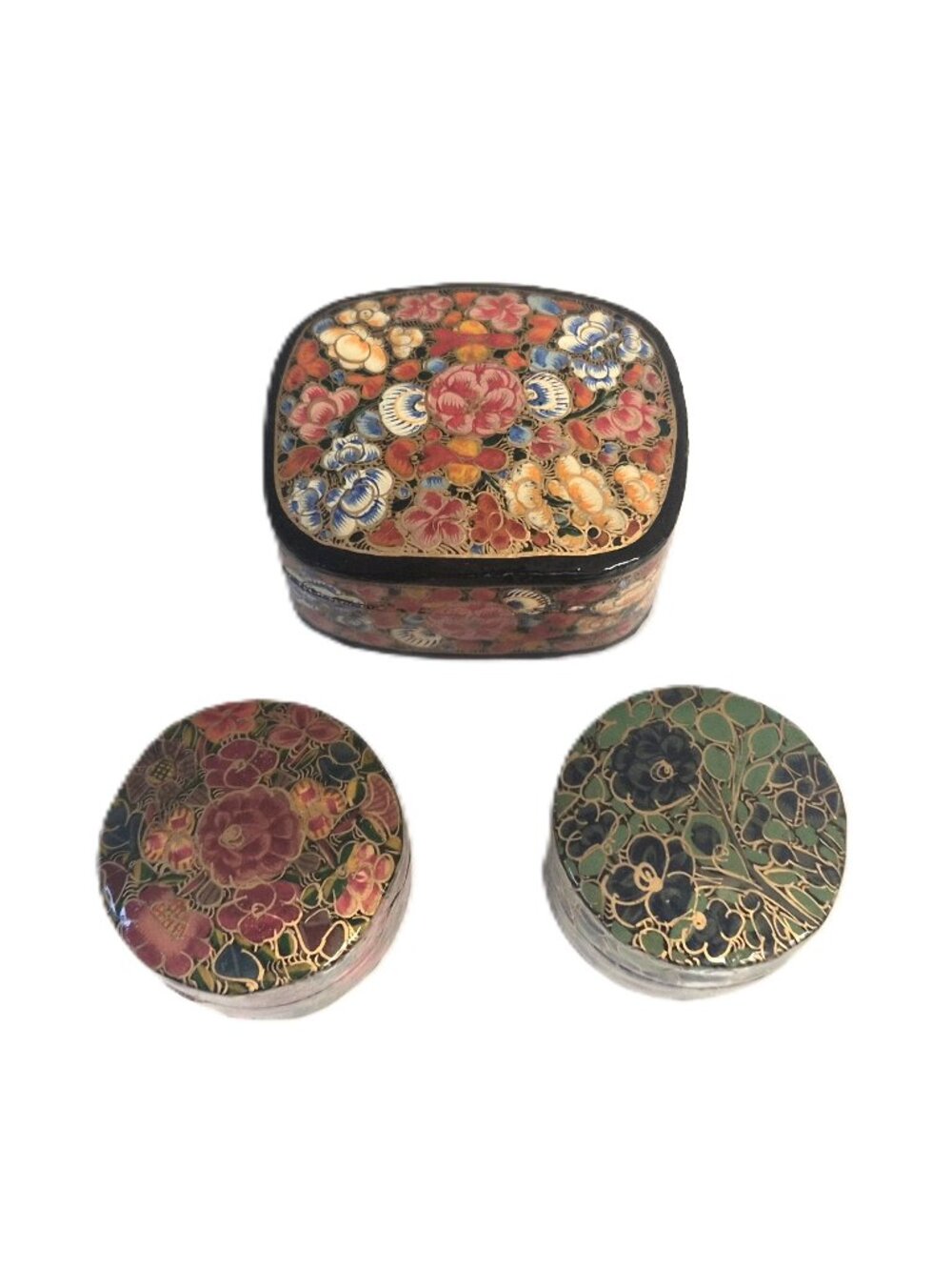 VTG Kashmiri Hand-Painted Floral Papier-Mâché 3-Piece Box Set Boho Eclectic
